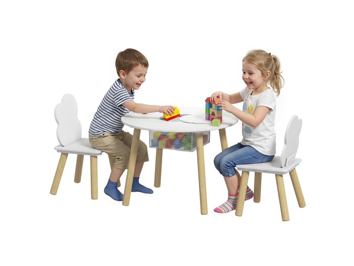 Conjunto Mesa E Cadeiras Com Arrumos 3 Peças, Branco E Natural Para Quarto E Sala De Jogos Infantil