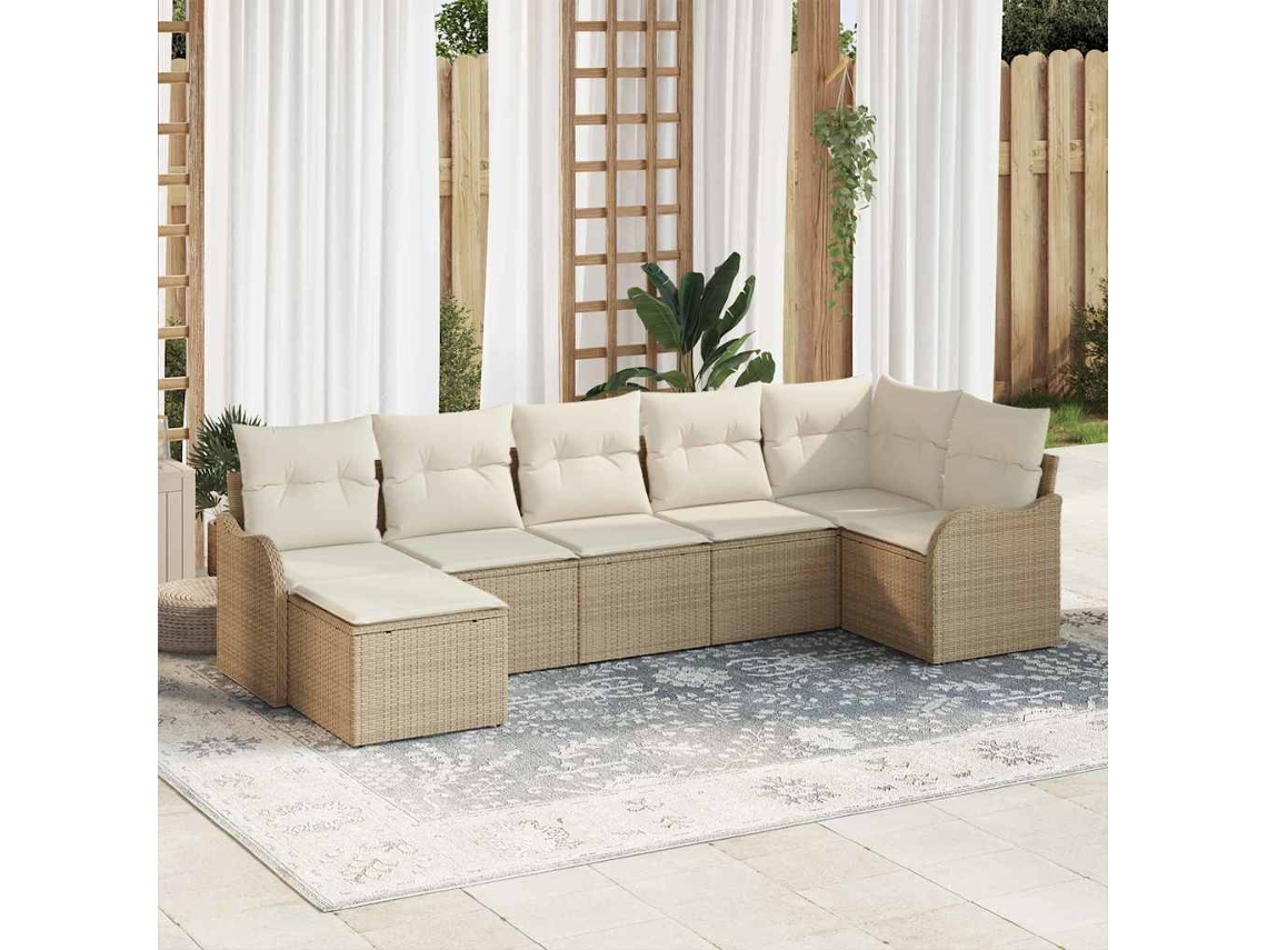 Vidaxl Conjunto De Sofá De Jardim 7 Unid. Bege E Branco Vime Pe