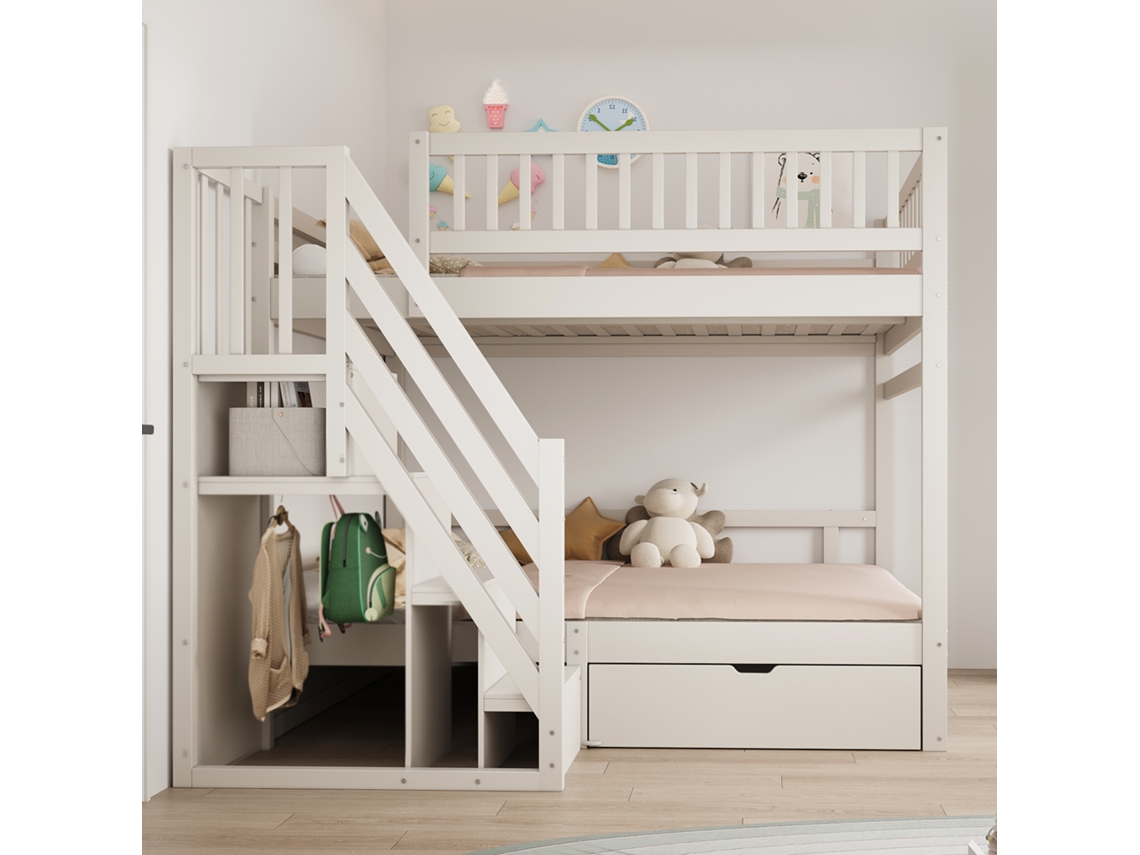 Cama Beliche Em Madeira Maciça 140x200cm Corrimão Alto, Estrado De Ripas, Escada Com Arrumação, Gavetas, Branco Estilo