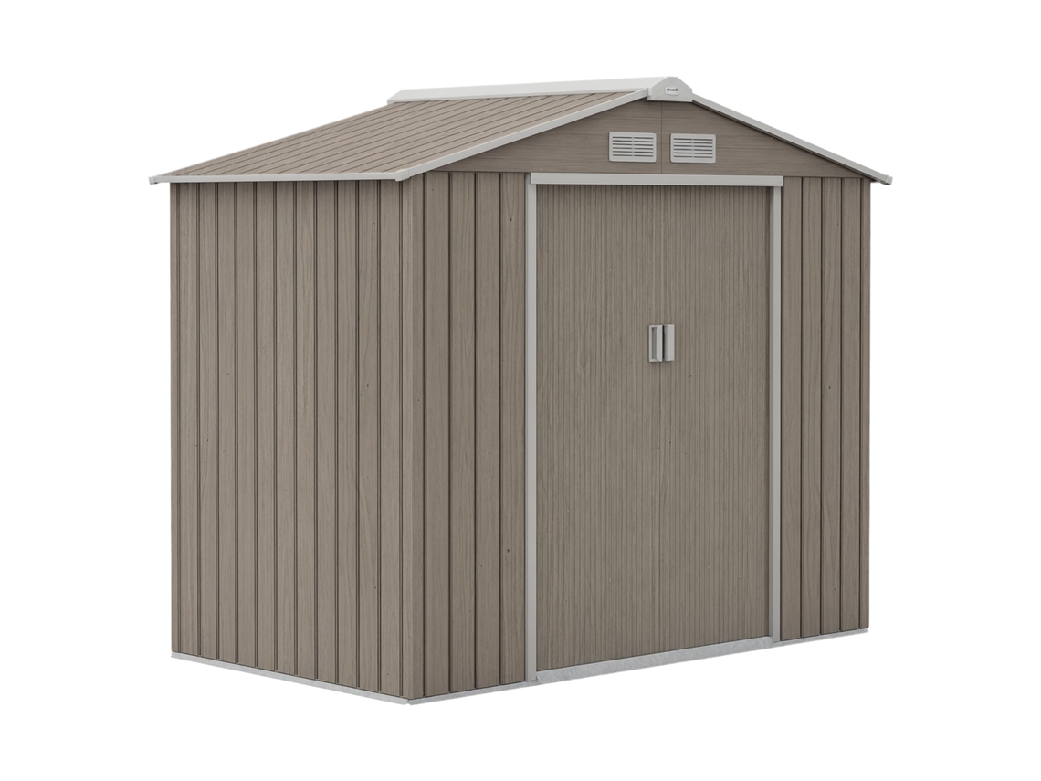 Cobertizo de Jardim 2,42 M² 213x130x185cm com 2 Portas Deslizantes, telhado Inclinado e 4 Janelas Efeito Madeira BTFORUS