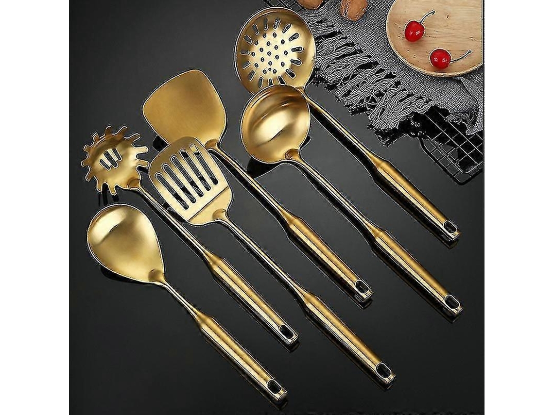 Conjunto Utensílios Cozinha Aço Inox Colher Sopa Dourada Pá Antiferrugem