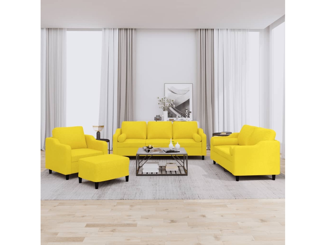 Vidaxl 4 Pcs Conjunto De Sofás Com Almofadas Tecido Amarelo-claro