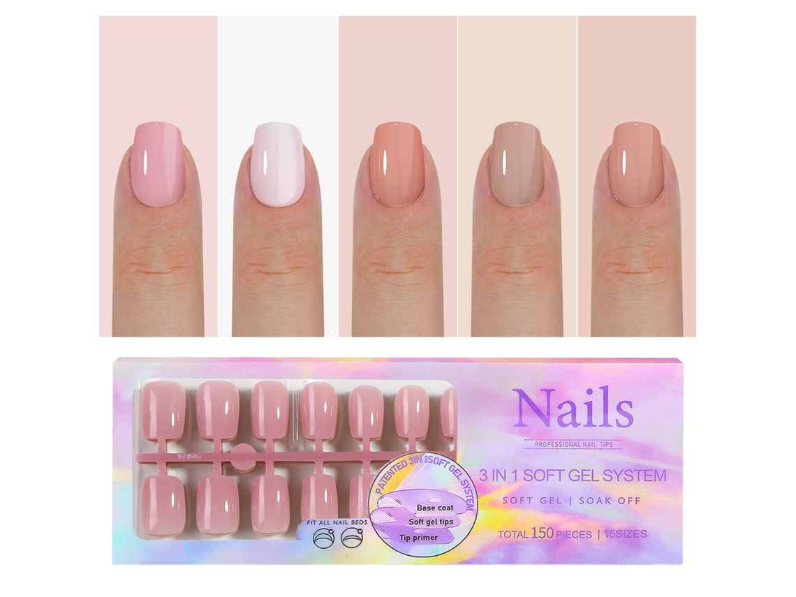 5 unhas postiças de gel macio em 5 cores com base e primer pré-aplicados, 15 tamanhos para nail art faça você mesma