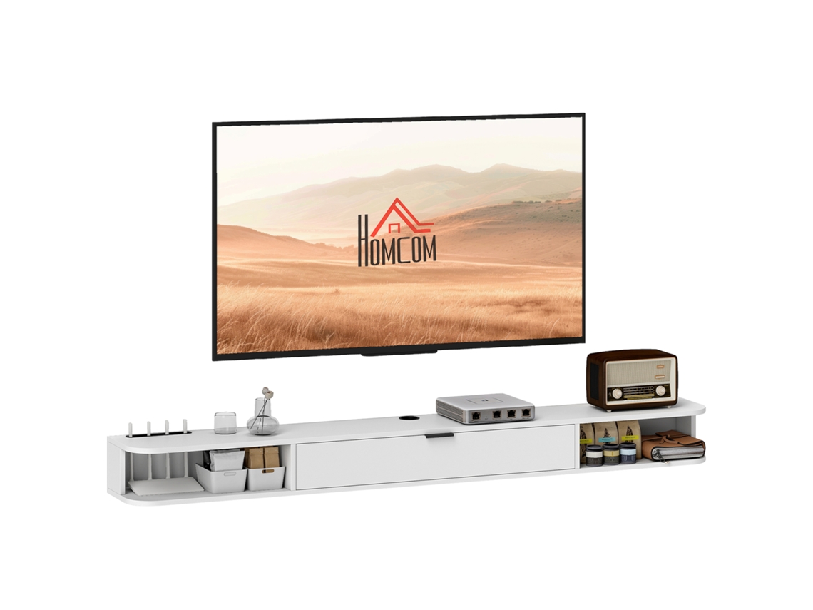 Suporte De Parede Para Tv, 180x24x16cm, Móvel Para Tvs De Até 75 Polegadas, 2 Prateleiras, Branco, Gaveta Basculante
