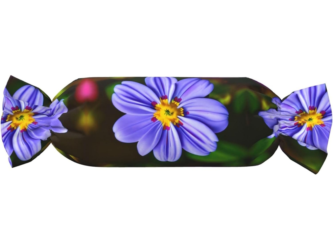 Almofada Cilíndrica Formato de Doce com Estampa Flores Roxas 100 % Poliéster Suporte Ergonômico Ideal para