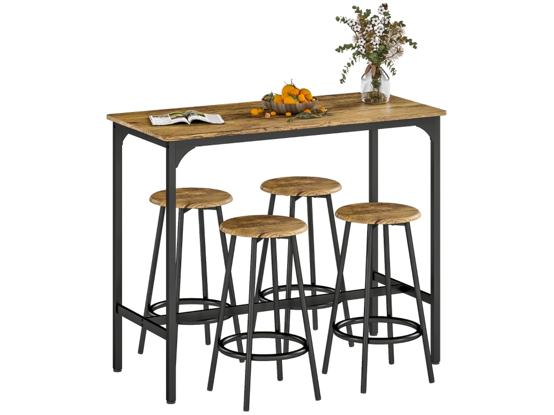 Conjunto De Bar Industrial 5 Peças Com Mesa Alta E 4 Suportes Para Pratos Em Marrom E Preto,ideal Para Sua Casa