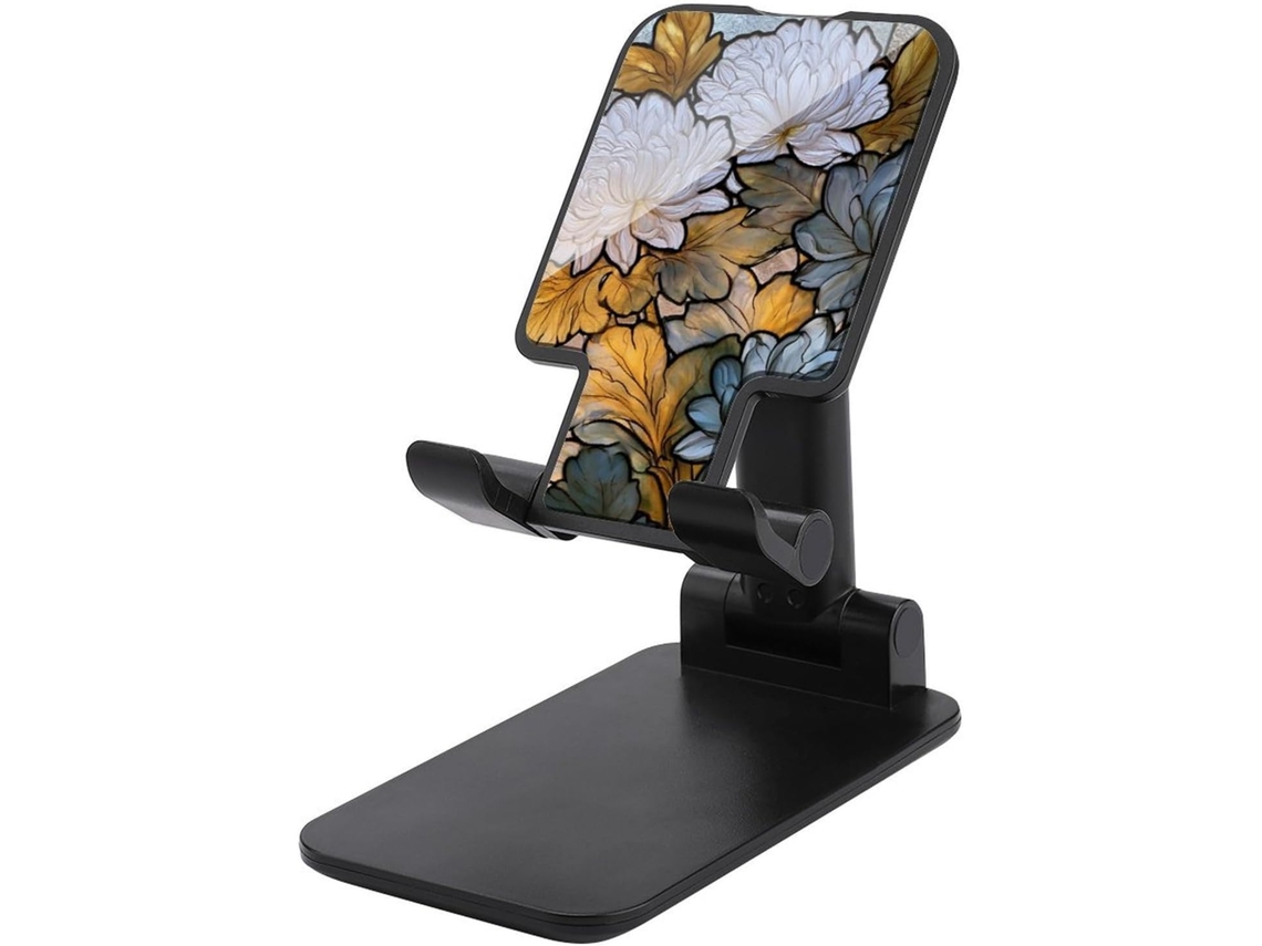 Suporte Dobrável E Ajustável Para Celular Em Vidro Fumê Com Flores De Crisântemo Brancas, Ideal Para Escritório