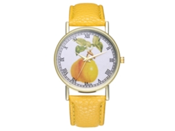 Relógio de quartzo com pulseira de couro PU, mostrador moderno com estampa de frutas, unissex amarelo