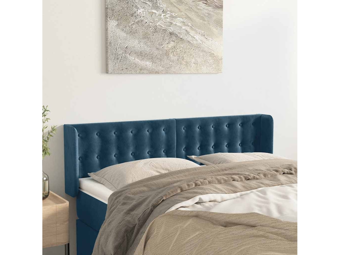 Vidaxl Cabeceira De Cama C/ Abas Tecido 147x16x78/88cm Azul-escuro