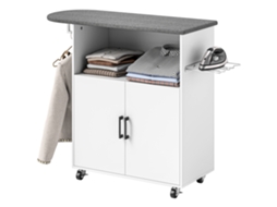 Móvel De Engomar A Ferro Com Rodas Barra Para Pendurar Roupa Estante Aberto E Tábua De Passar 125x43,5x102,5 Cm Branco