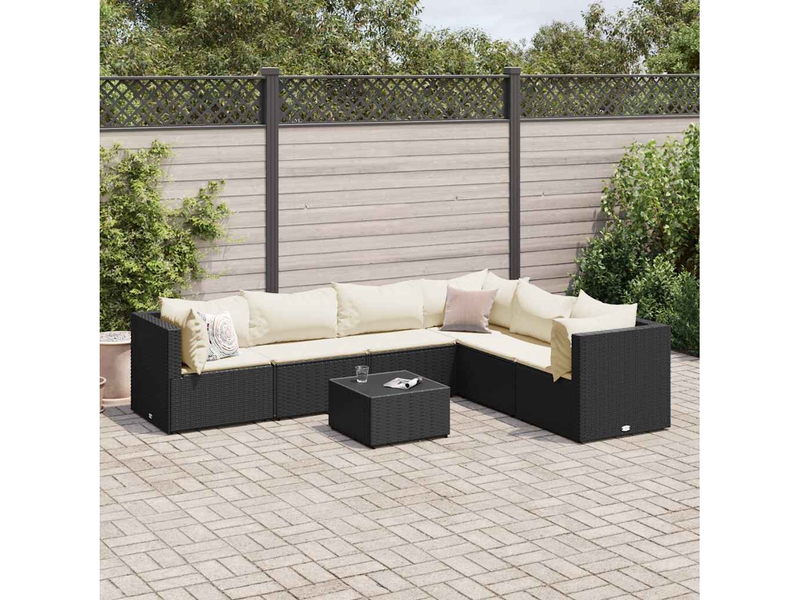 Vidaxl 7 Pcs Conjunto Lounge De Jardim C/ Almofadões Vime Pe Preto