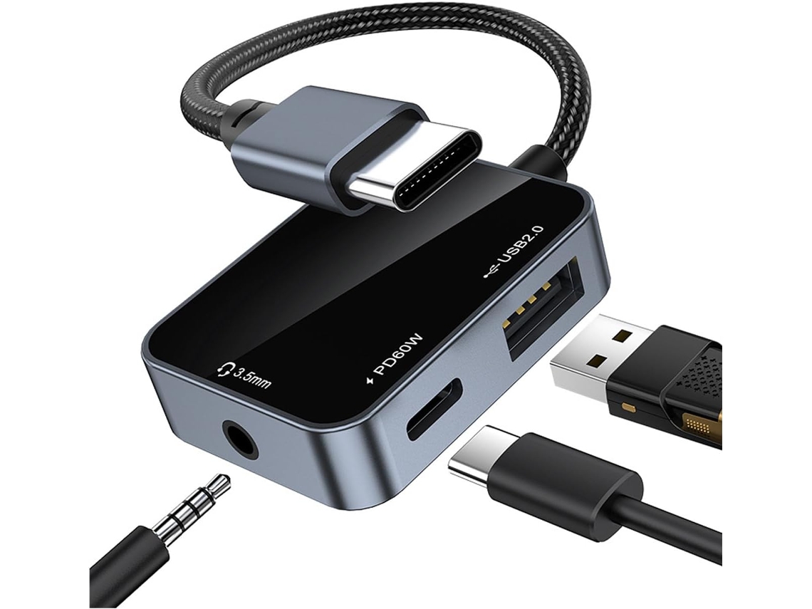 Hub Usb Tipo C Multiportas Com Pd De 60 W, Áudio 3,5 Mm E 2.0 Para