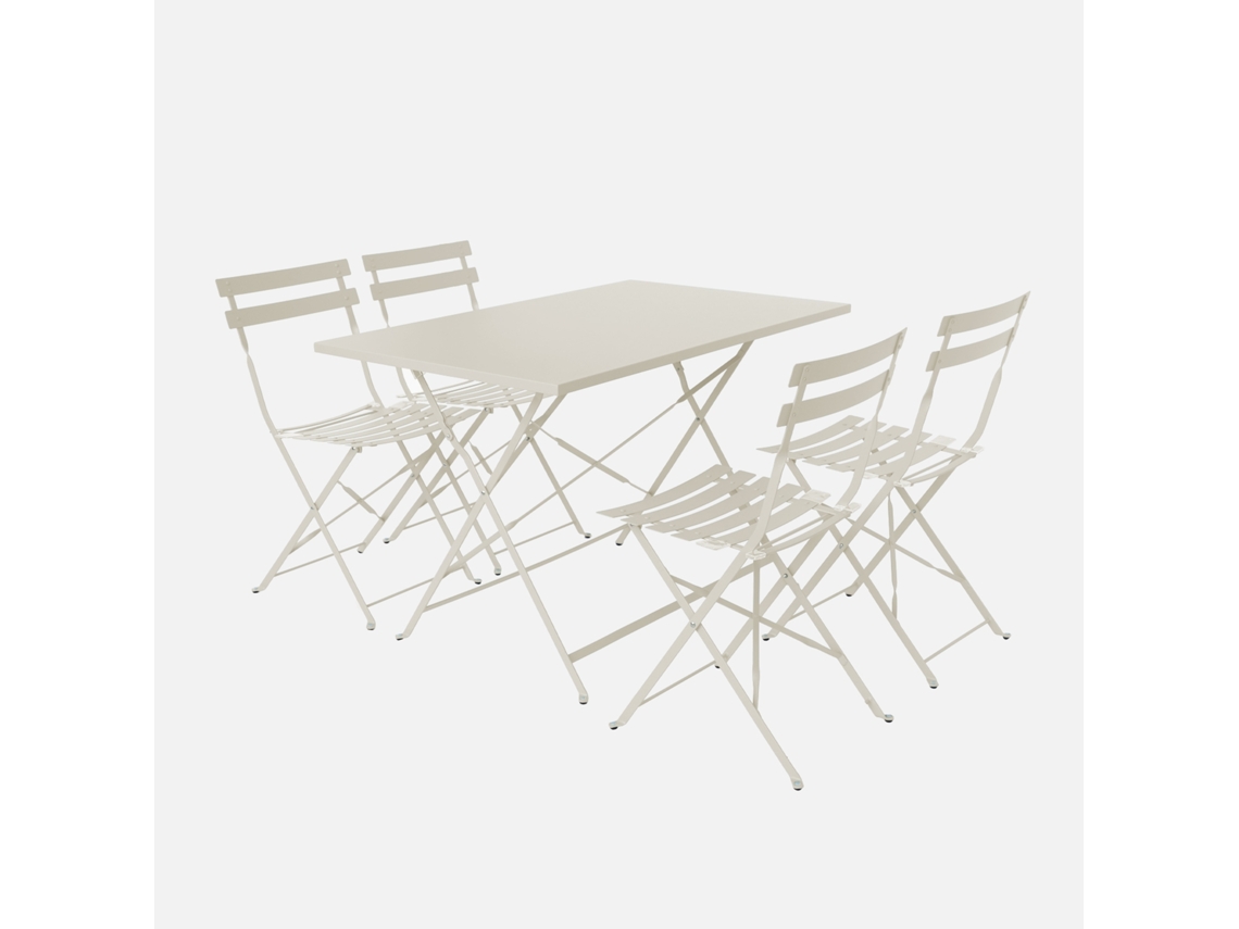 Conjunto De Jardim Com Mesa Bistrô Dobrável De 110cm Em Aço Com 4 Cadeiras, Bege