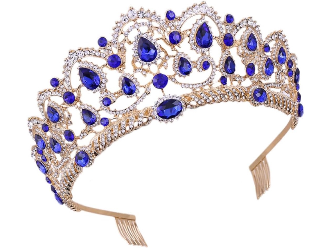 Coroa De Casamento Com Strass, Acessório De Cabeça Barroco Dourado E Azul, Coroa De Noiva Com