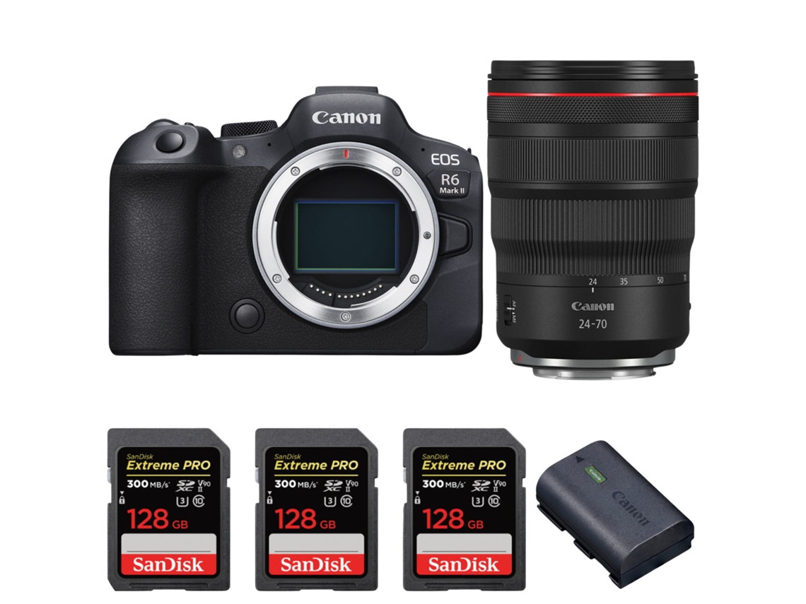 Eos R6 Mark Ii + Rf 24 70mm F/2.8 L Is Usm + 3 Sandisk 128gb Uhs ii 300mb/s + 1 Canon Lp e6nh + Ebook “20 Dicas para Fotos Que Impressionam” CANON