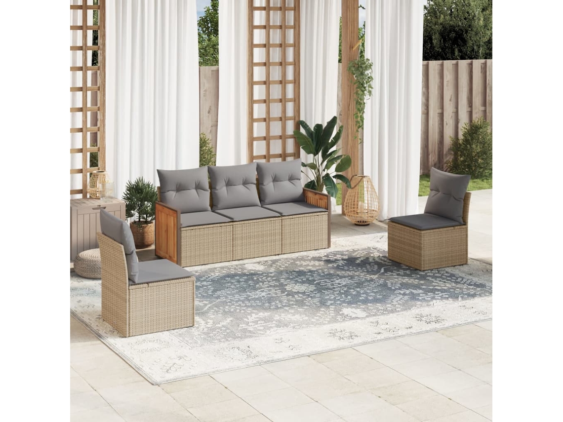 Vidaxl 5 Pcs Conjunto De Sofás P/ Jardim Com Almofadões Vime Pe Bege