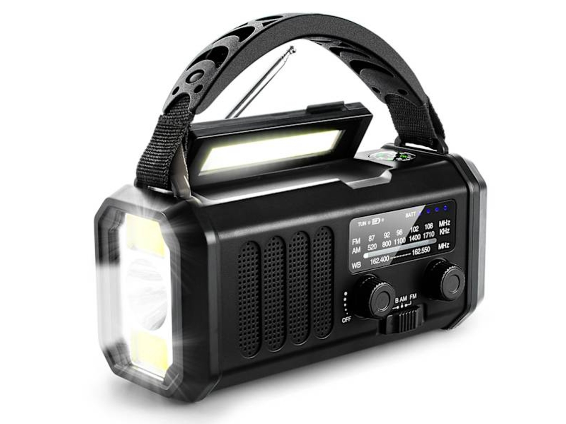 Rádio de Emergência AQUAFORGE 1 Unidade Preta com Energia Solar, AM/FM, Bateria Recarregável, Lanterna e Carregador de Celular