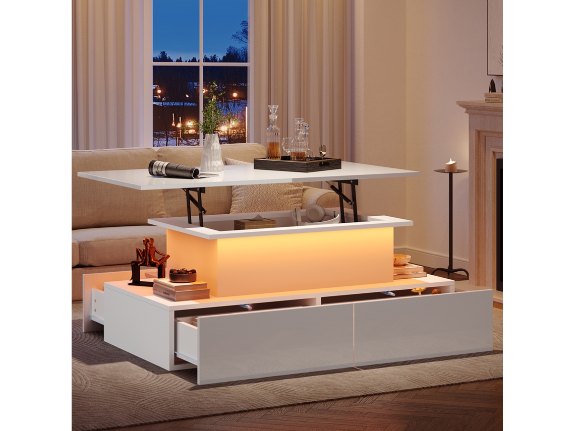 Mesa De Centro Branca Moderna Com Acabamento Brilhante, Iluminação Led E 4 Gavetas