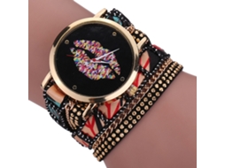 Relógio de Pulso Feminino Estilo Étnico de Múltiplas Camadas com Pulseira Preto Quartzo