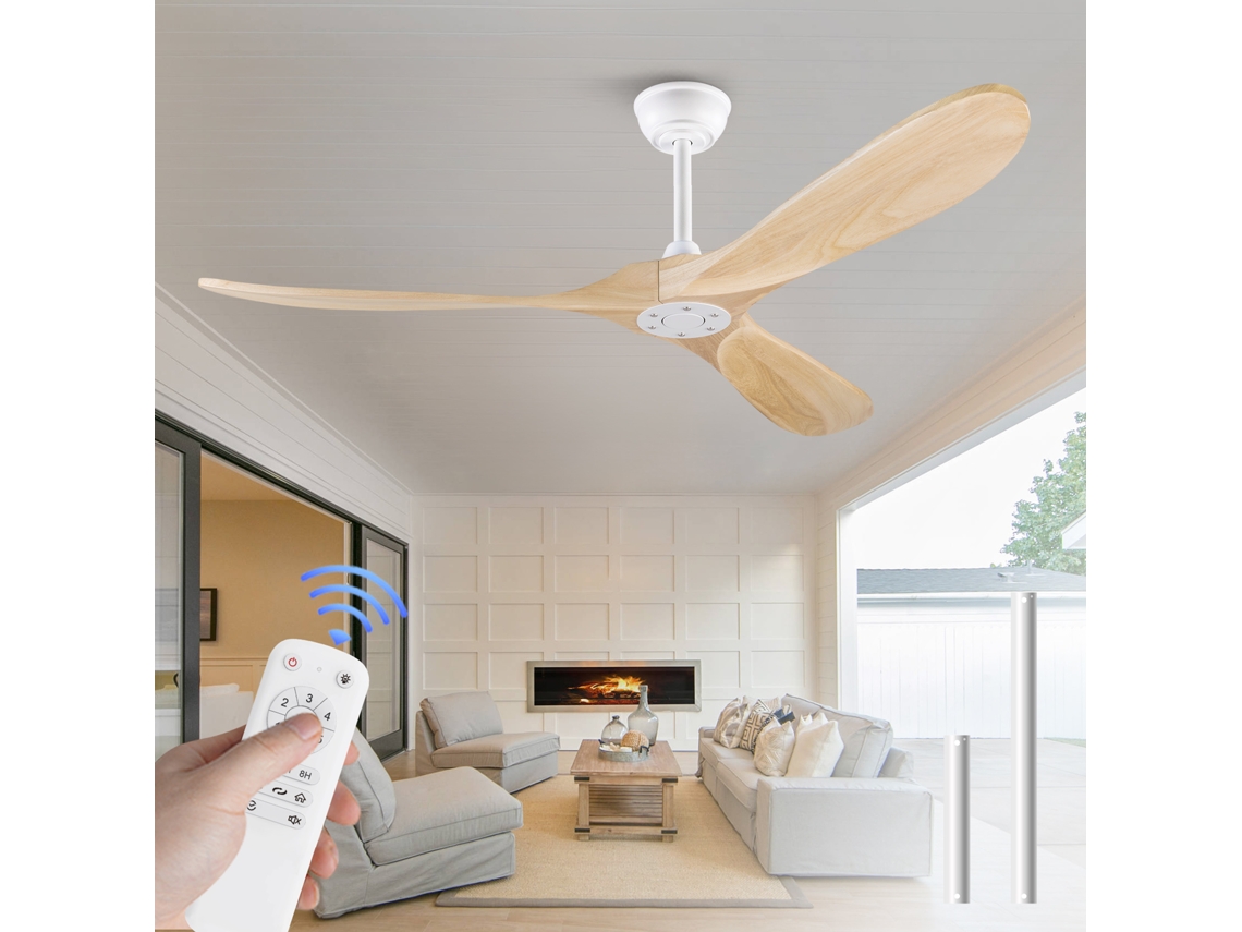 Ventilador De Teto 60 Polegadas Sem Luz, Madeira Natural, Resistente À Água E Ideal Para Varandas E Gazebos