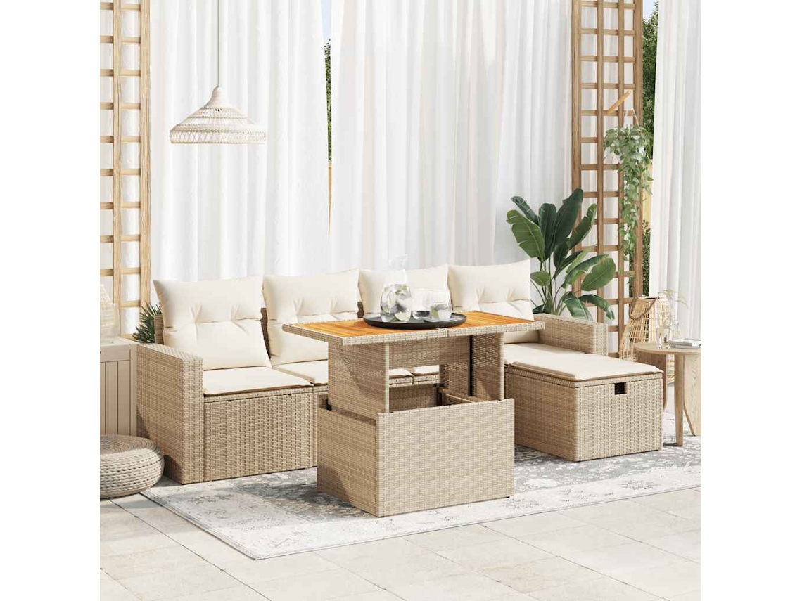 Vidaxl 6 Pcs Conjunto Sofás Jardim Com Almofadões Vime Pe/acácia Bege