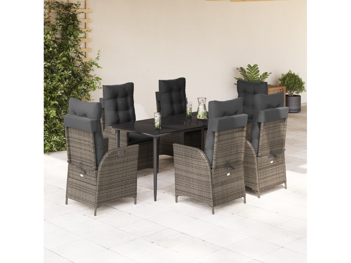 Vidaxl 7 Pcs Conjunto De Jantar P/ Jardim C/ Almofadões Vime Pe Cinza