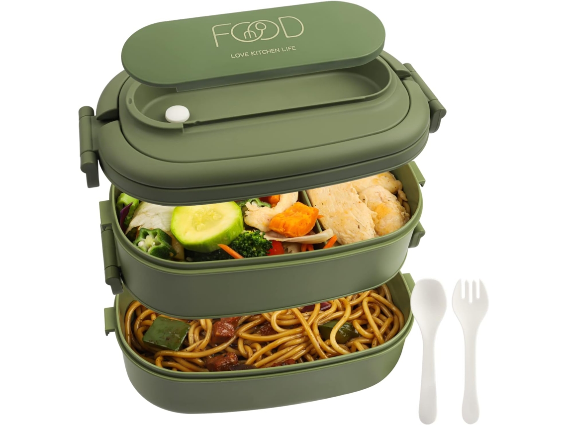Lancheira De 2 Camadas: Bento De 1550 Ml Com 3 Compartimentos E Conjunto De Talheres, Plástico Livre De Bpa