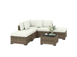Sofá de jardim 5 lugares S/MARCA, resina trançada, creme, 180x70x70cm, com pufe, mesa centro e almofadas