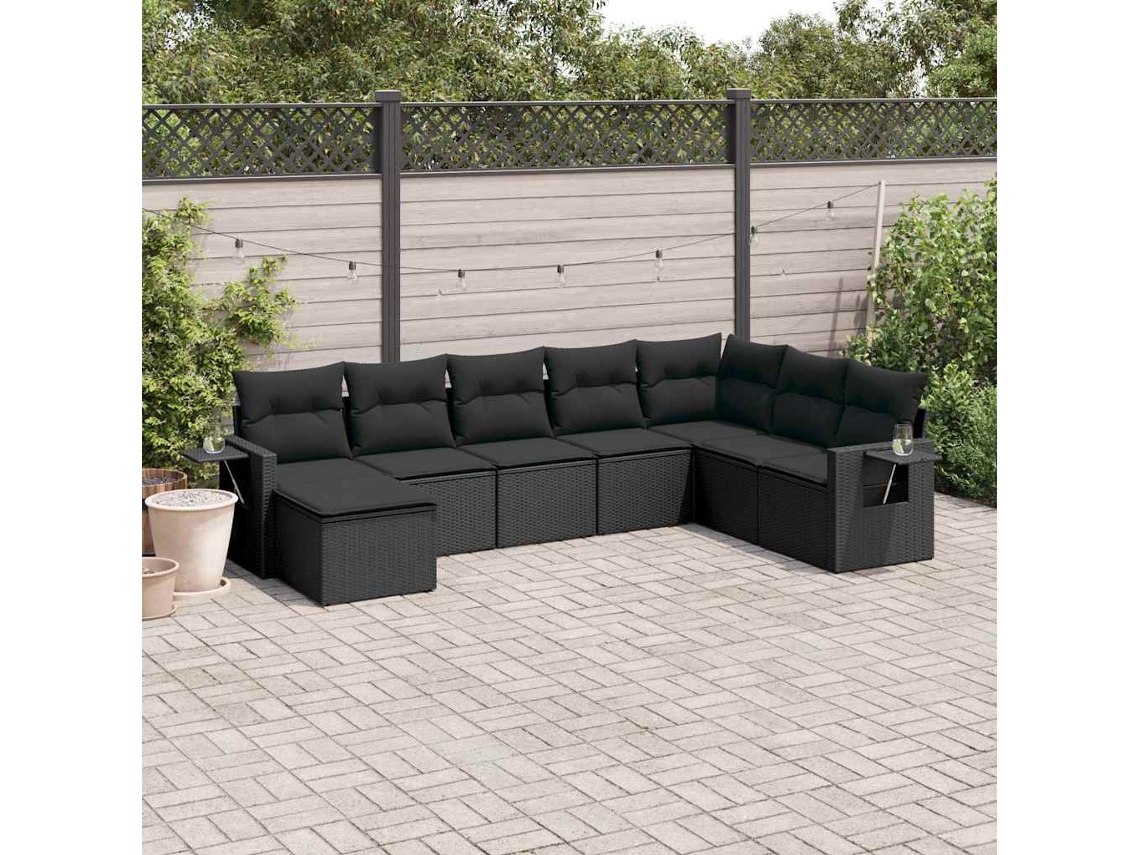 Vidaxl 8 Pcs Conjunto Sofás De Jardim Com Almofadões Vime Pe Preto