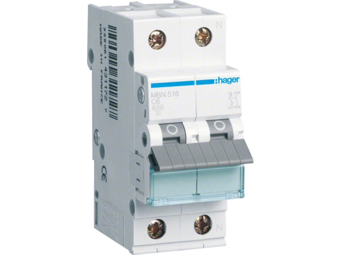 MBN516. Número de polos: 2p. Frequência de entrada CA: 50/60 Hz. Corrente nominal de saída: 16 A. Hager (MBN516)