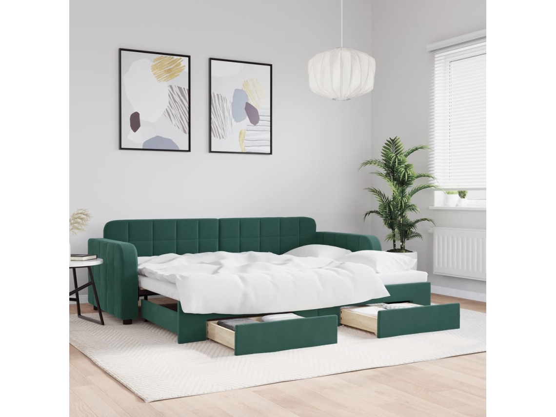 Sofá cama con gran cajón y cajones 80x200cm Terciopelo Verde Oscuro