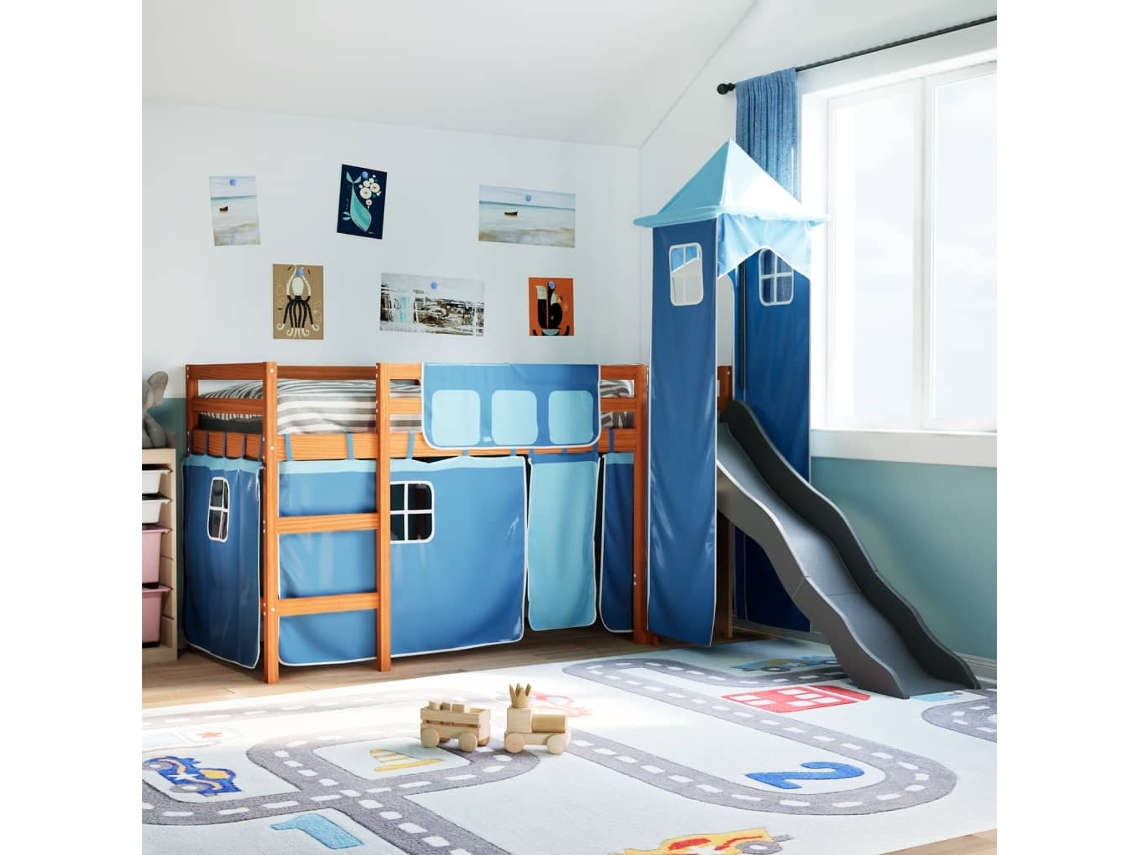 Cama Alta Para Criança Com Torre 90x190 Cm Pinho Maciço Azul