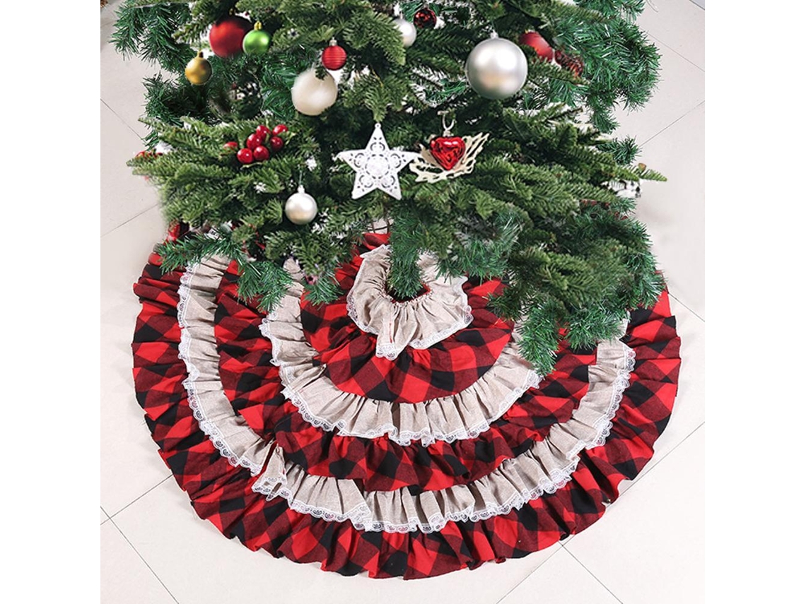 Saia de Árvore de Natal Xadrez Vermelho e Preto com Volantes Decoração de Fundo 120cm S/MARCA