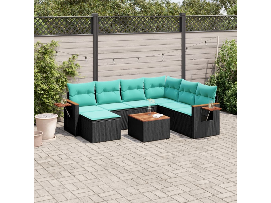 Vidaxl 8 Pcs Conjunto De Sofás P/ Jardim C/ Almofadões Vime Pe Preto