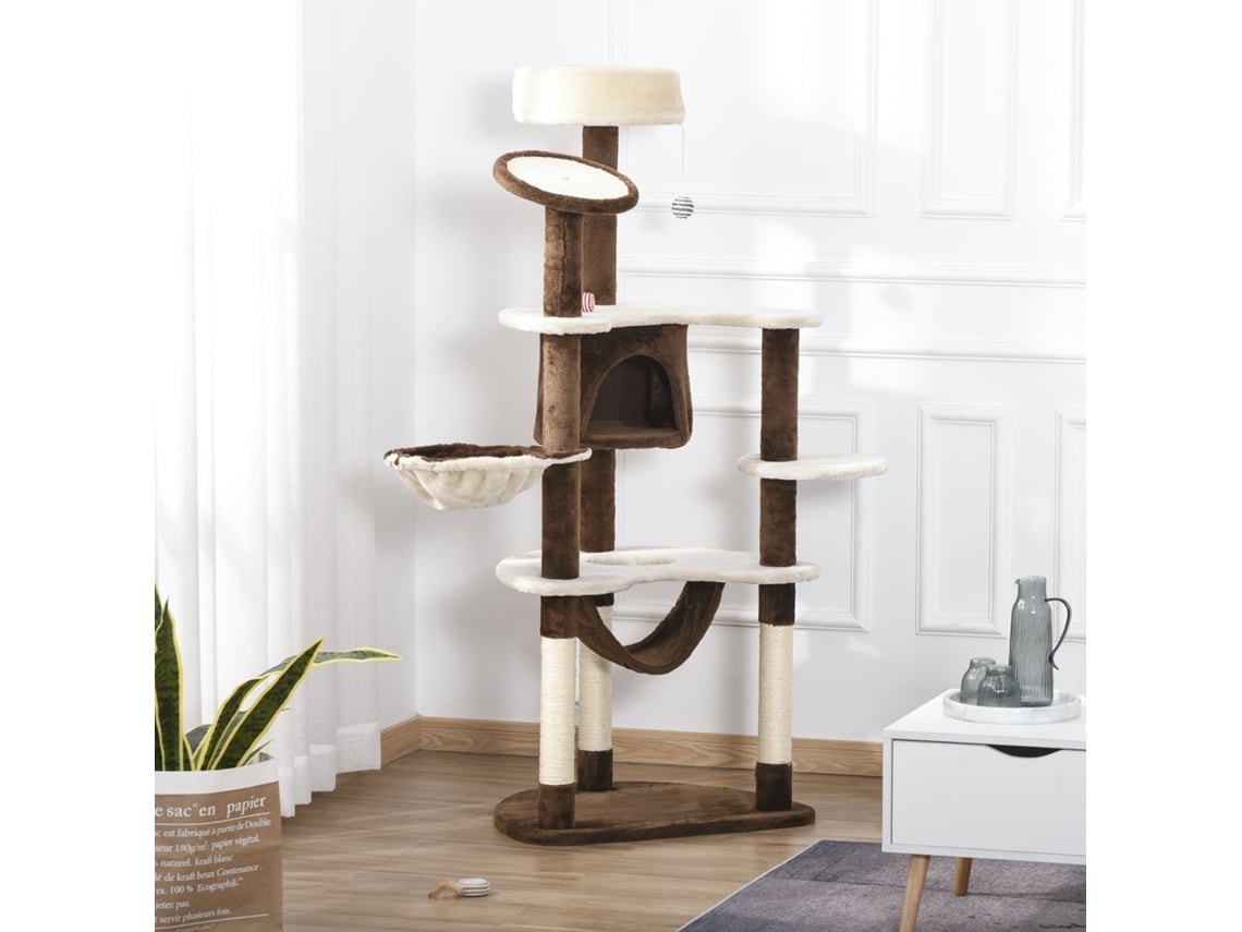 Torre De Gato 65x50x153cm Marrom Com Múltiplas Plataformas, Rede, Bolinhas E Caverna