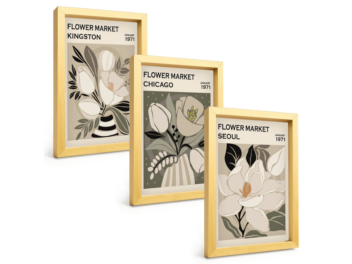 Composição De Quadrosflores Kingston Seul Chicago Retrô Moldura Dourada Imagens Para Um Quarto Infantil Espelharte (3 Peças 20x30 Cm)