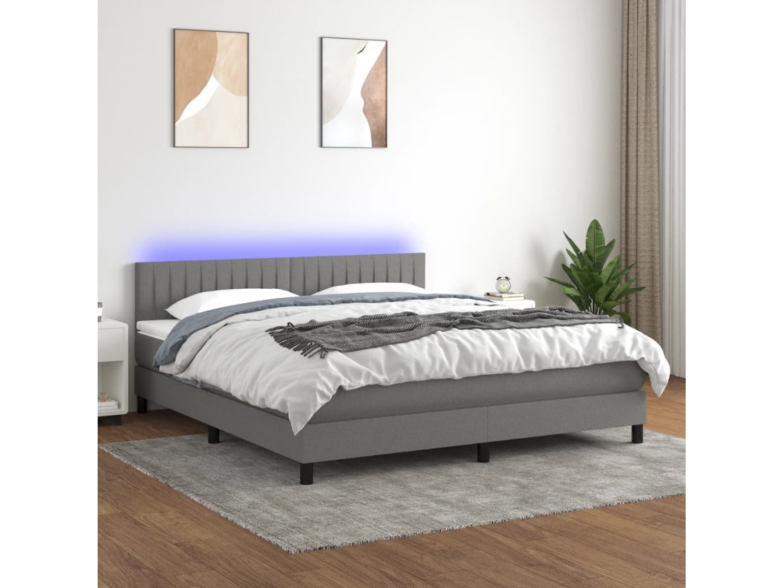 Vidaxl Cama Box Spring C/ Colchão E Led 160x200 Cm Tecido Cinza-escuro