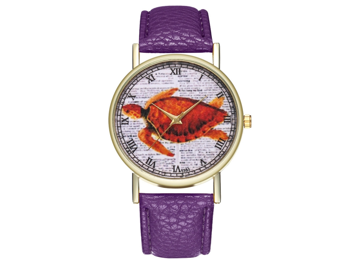 Relógio de pulso redondo de quartzo com pulseira de couro PU e numerais romanos (roxo)