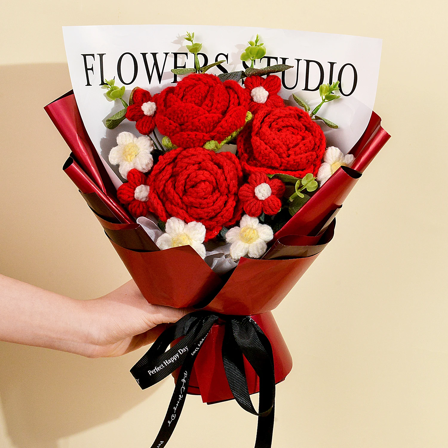 (vermelho) Buquê De Rosas Vermelhas Feito À Mão Em Crochê, Buquê De Aniversário Em Crochê