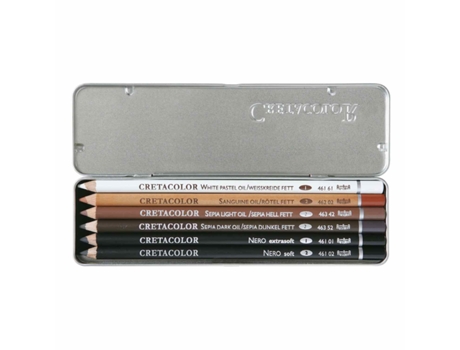 Defina 6 Lápis Gordurosos para Esboços Branco Sangue Sépia Clara Sépia Escura Tenente Extra Preto Terno BREVILLIER'S CRETACOLOR