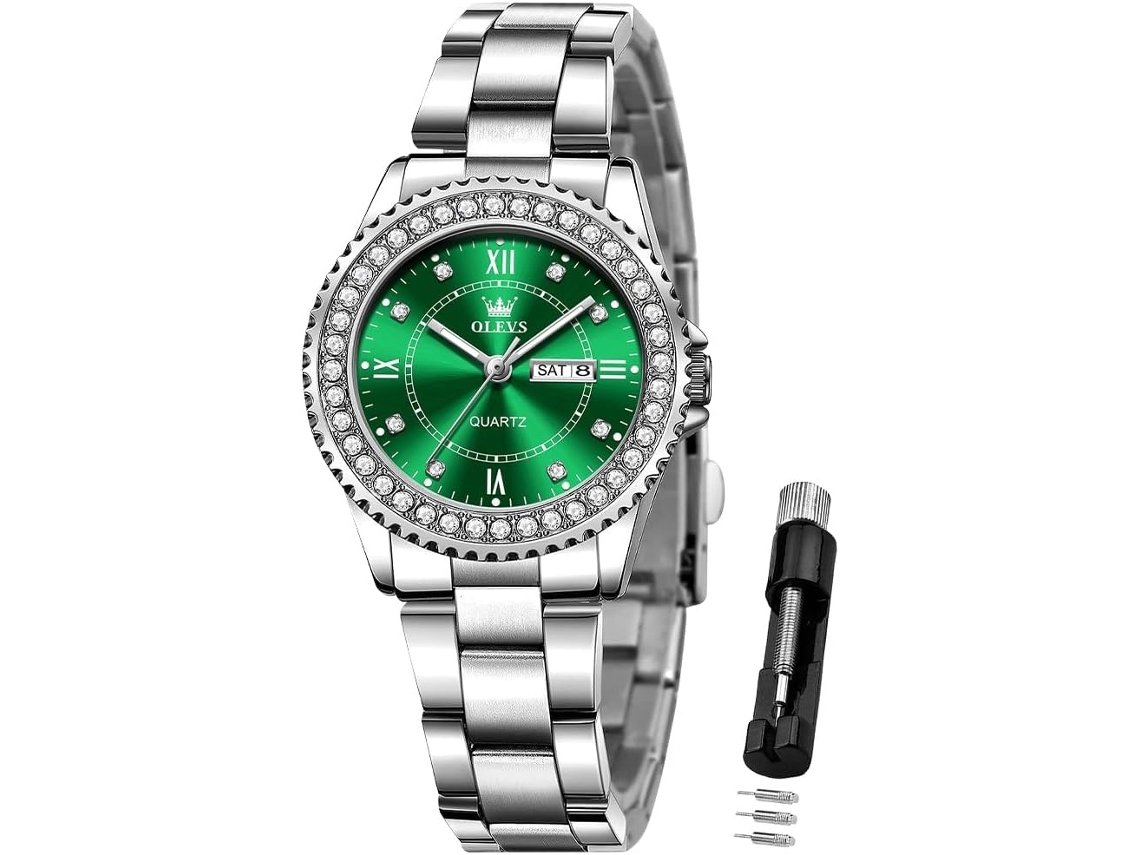Lurelia Relógio Feminino, Movimento De Quartzo, Data/calendário, Luminoso, Detalhes Com Strass, Aço Inoxidável, Abs, Resistente À Água, Verde