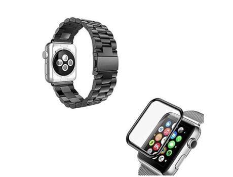 Kit Pulseira Bracelete Aço Stainless Lux Ferramenta Película de Vidro 3D Apple Watch Series 4 44Mm ATYULNM Preto