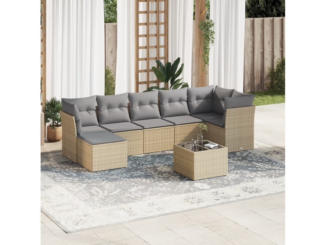 Vidaxl 8 Pcs Conjunto De Sofás P/ Jardim Com Almofadões Vime Pe Bege