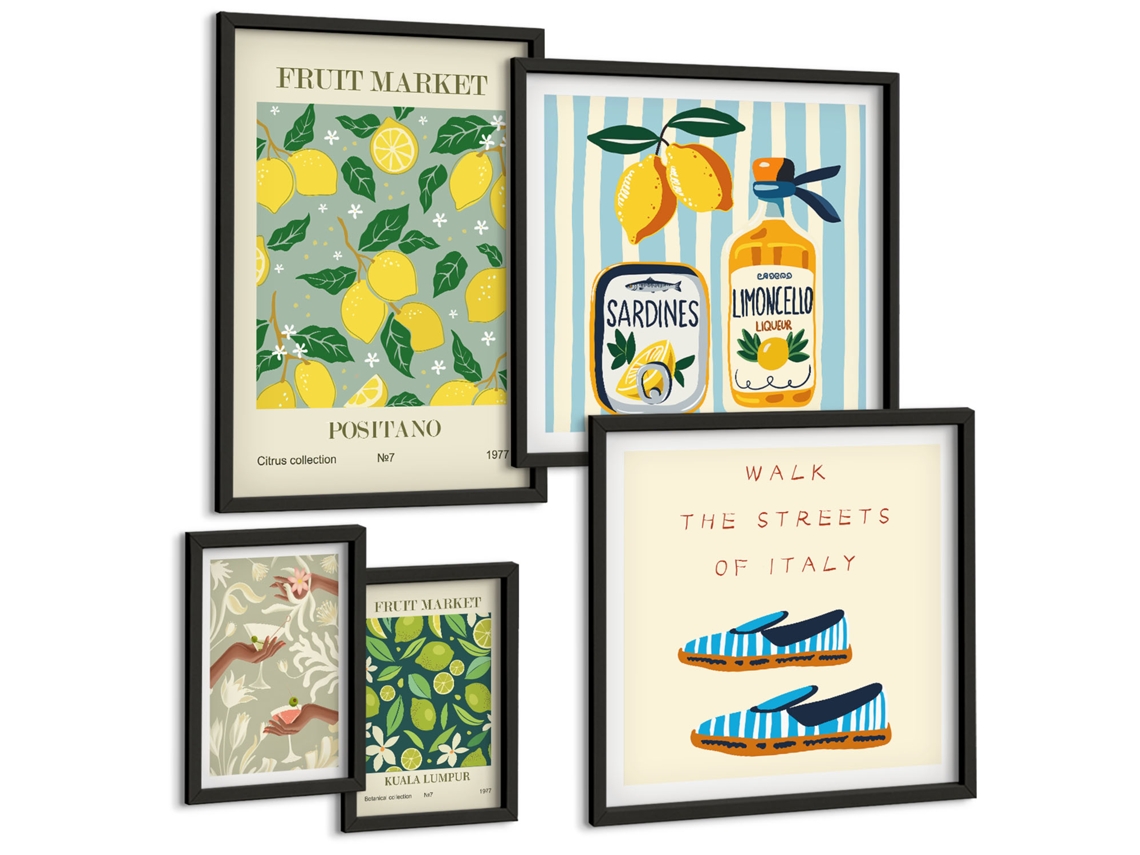 Composição De Quadros Na Parede Padrões De Plantas, Vintage, Pastel Moldura Preta Imagens Para Um Quarto Infantil Espelharte (conjunto De 5 Imagens)