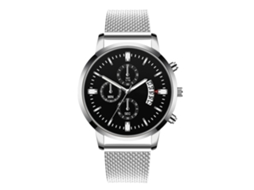 Relógio masculino casual, mostrador redondo colorido, movimento de quartzo, pulseira preta e prateada.