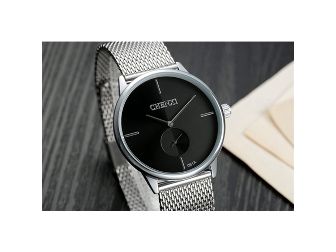 Relógio masculino casual para casal, estilo aço inoxidável, quartzo, à prova d'água, preto.