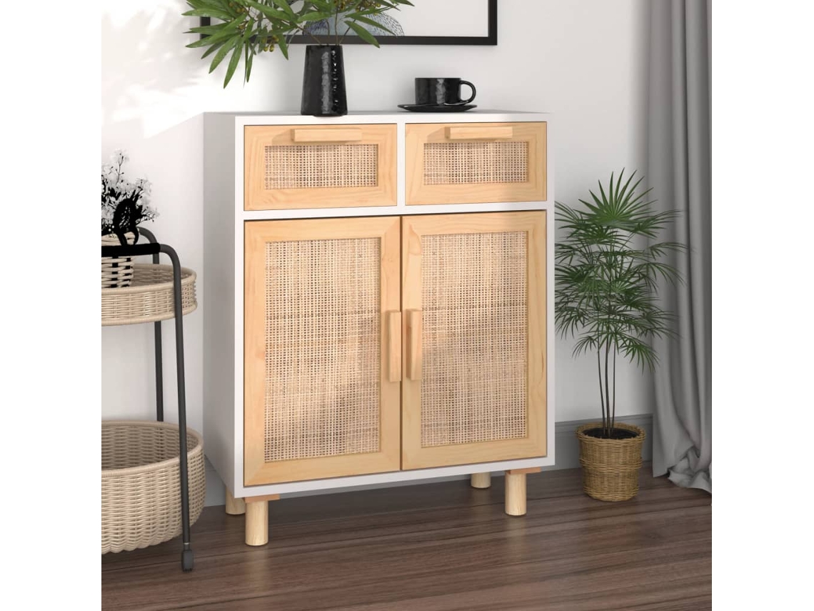 Aparador 60x30x75 cm Madera de Pino Macizo/Mimbre Natural Blanco