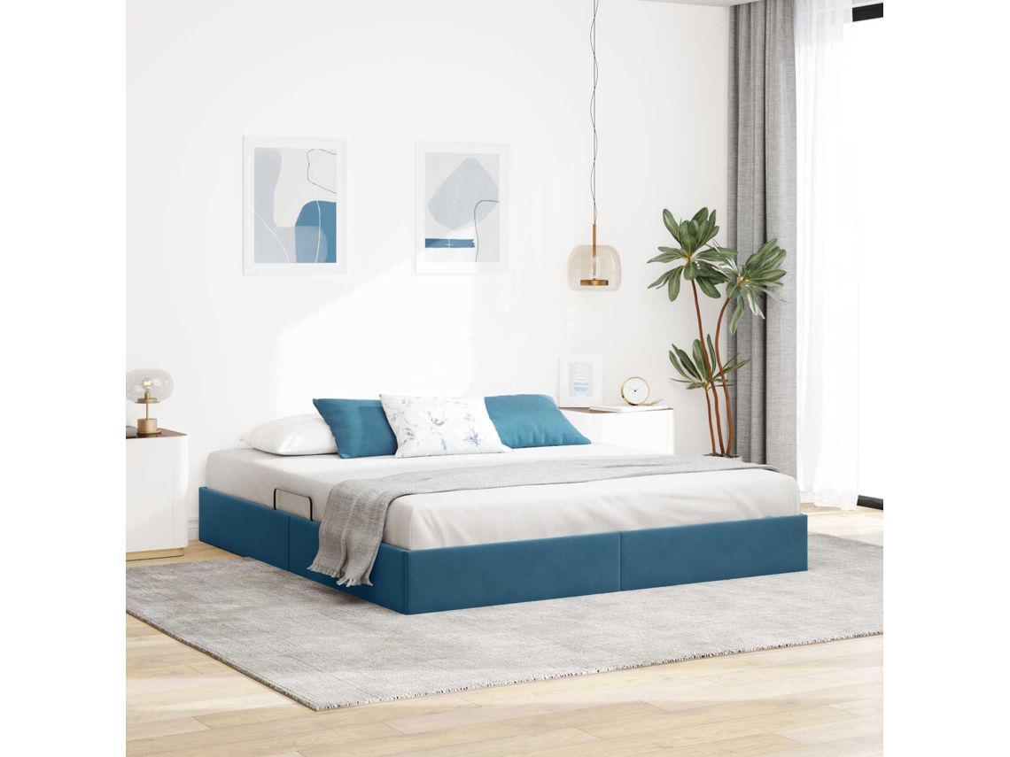Vidaxl Estrutura De Cama Ottoman Azul Escuro 160 X 200 Cm Veludo