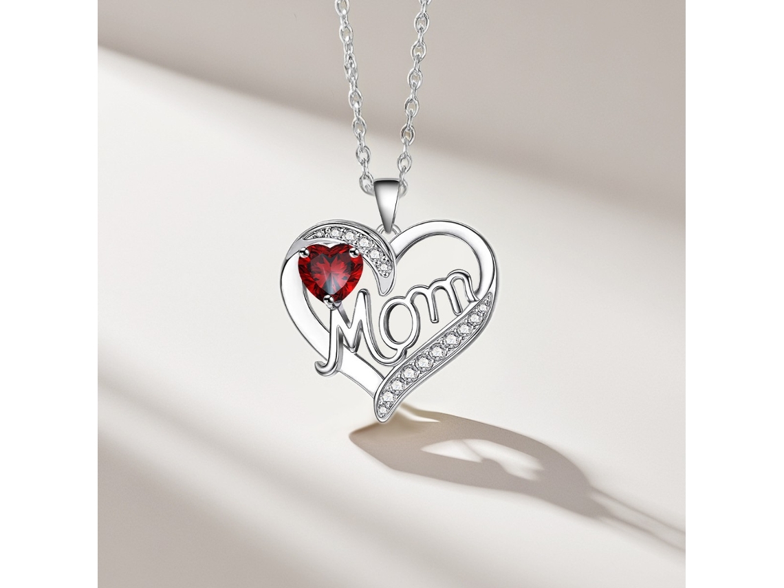 Colar Com Pingente De Coração “mamãe”, Banhado De Uma Prata Pedra Vermelha, Joia Elegante, Presente Perfeito Para O Dia Da Mãe, Ergonômic...