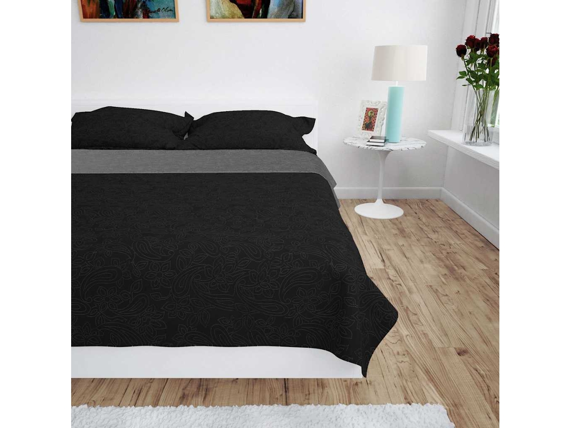 Vidaxl Colcha De Dupla Face Acolchoada 170x210 Cm Cinzento E Preto